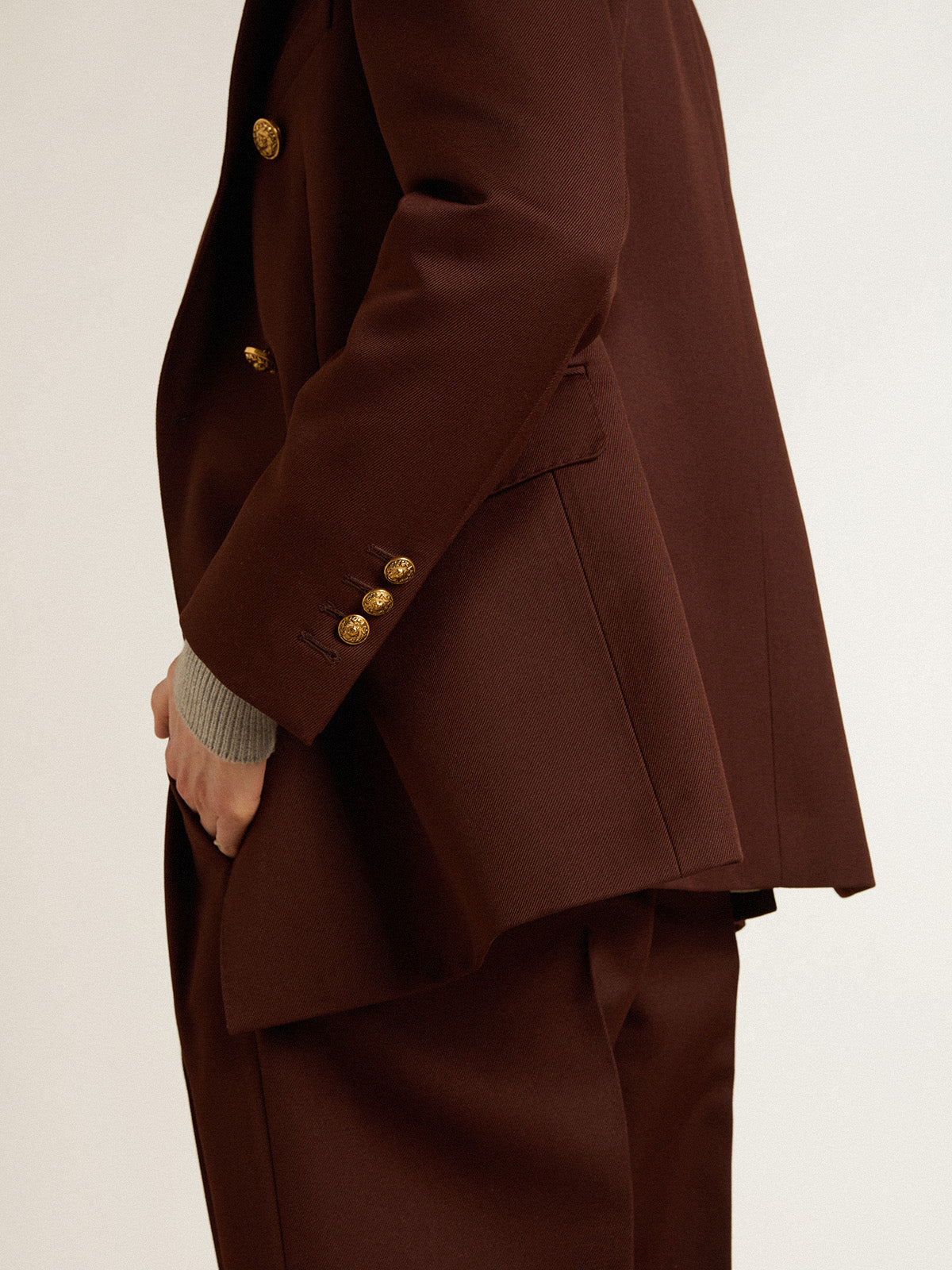 Women's double-breasted blazer in coffee-colored wool gabardine| Golden Goose