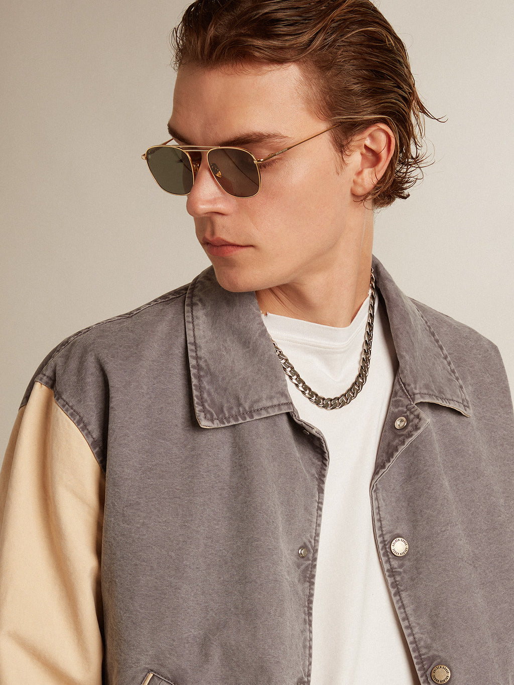 Bomber jacket in lilac-gray and marzipan-colored cotton| Golden Goose