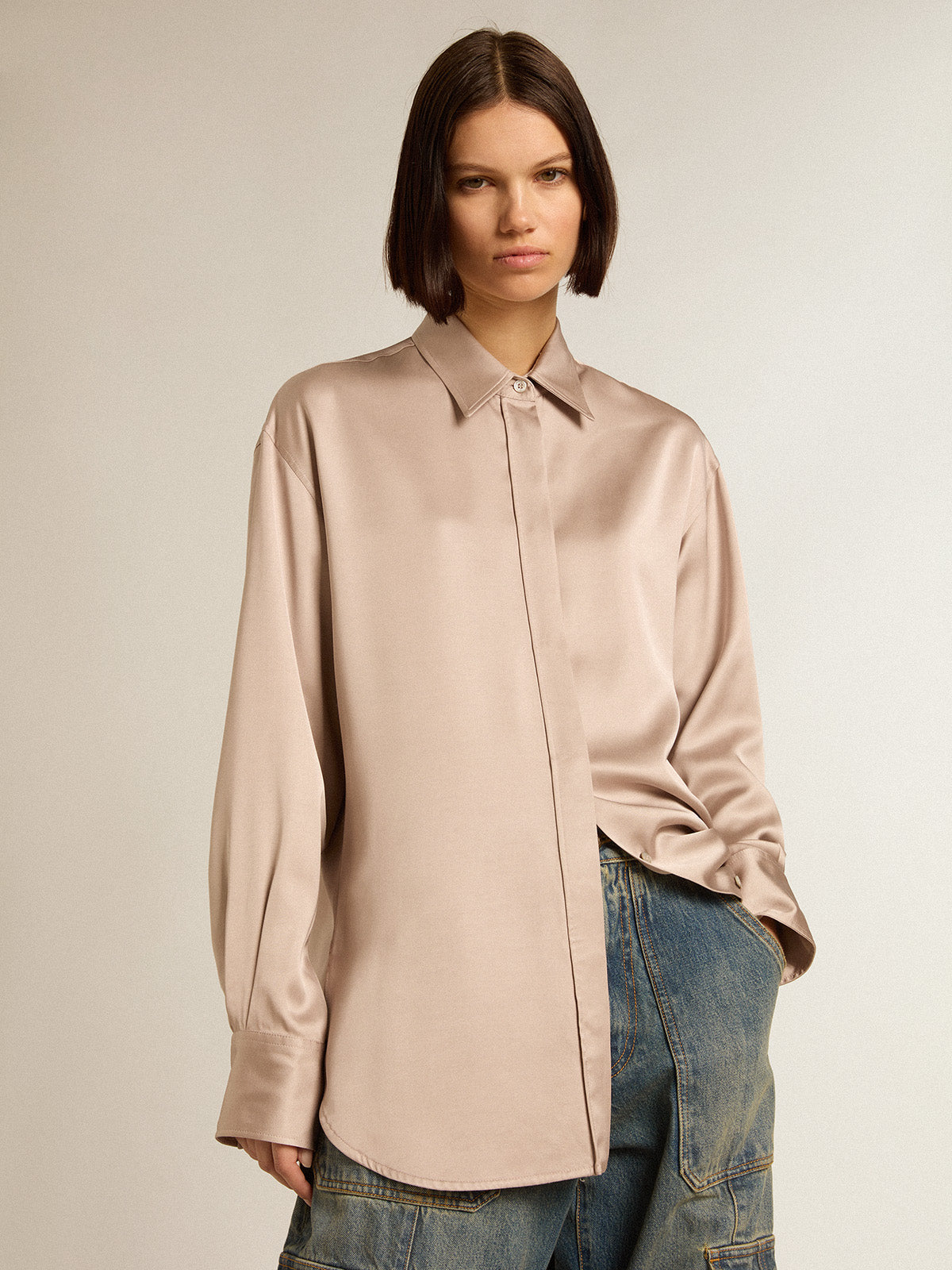 Boyfriend shirt in powder-pink viscose| Golden Goose