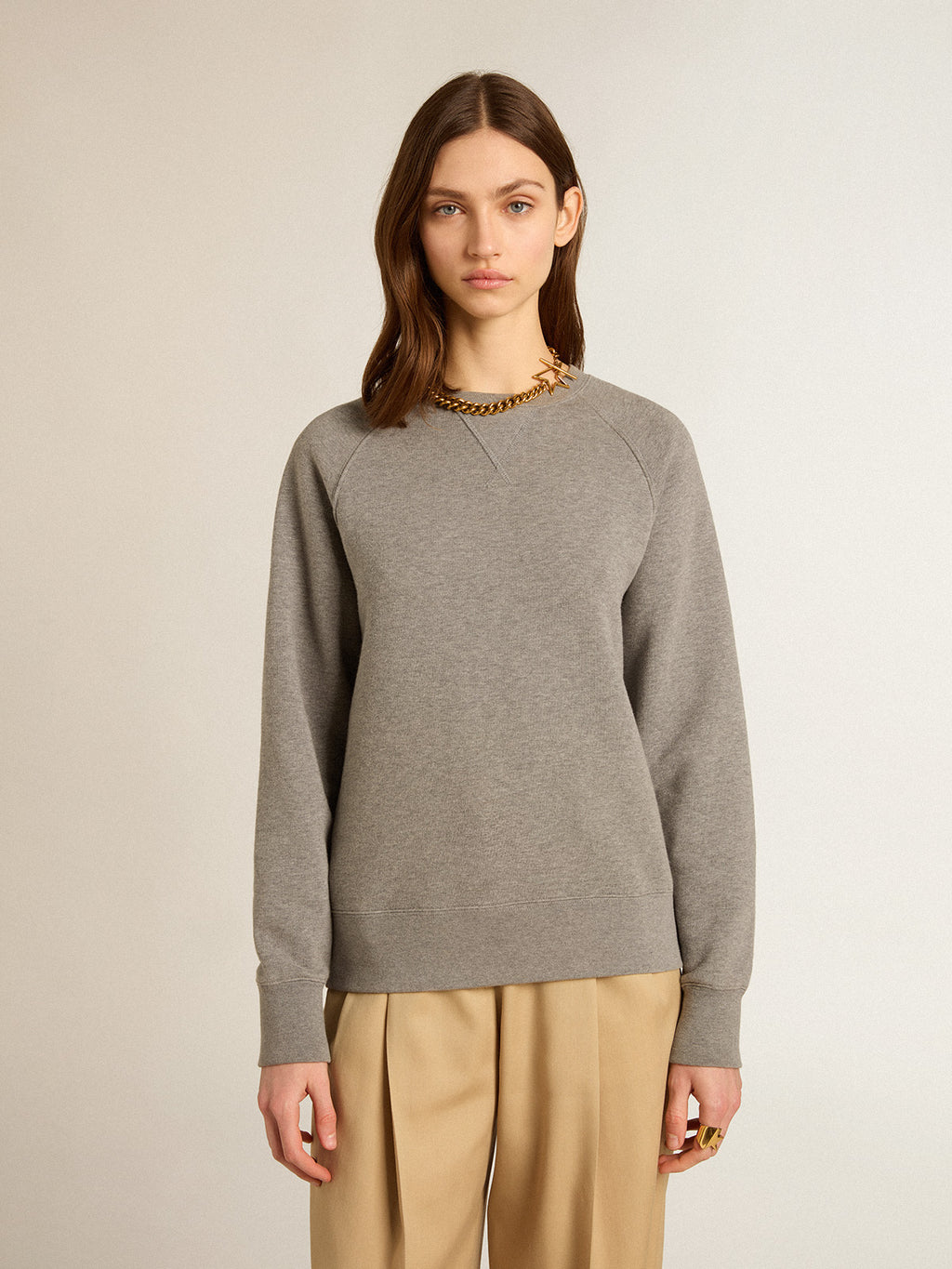 Gray melange cotton sweatshirt with manifesto on the back| Golden Goose
