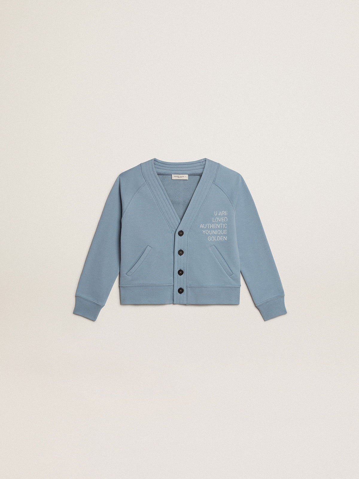 Girls' light blue cotton cardigan with beaded lettering| Golden Goose