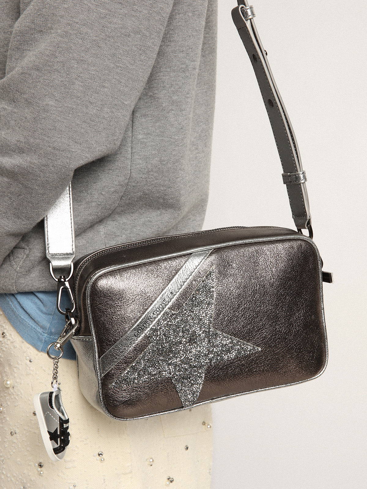 Women's Star Bag in silver leather with Swarovski crystal star| Golden Goose