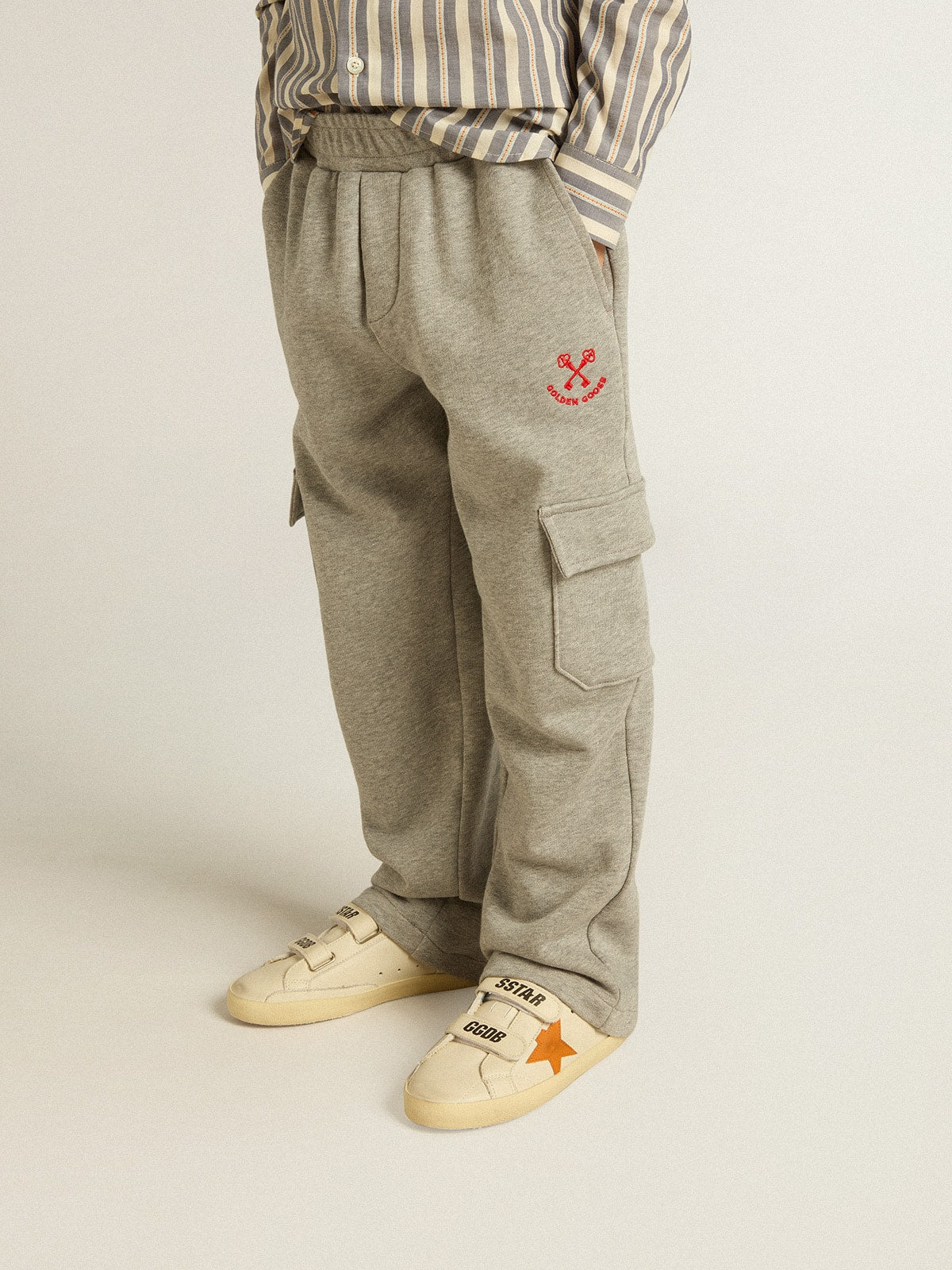 Gray melange cotton cargo joggers with embroidery| Golden Goose