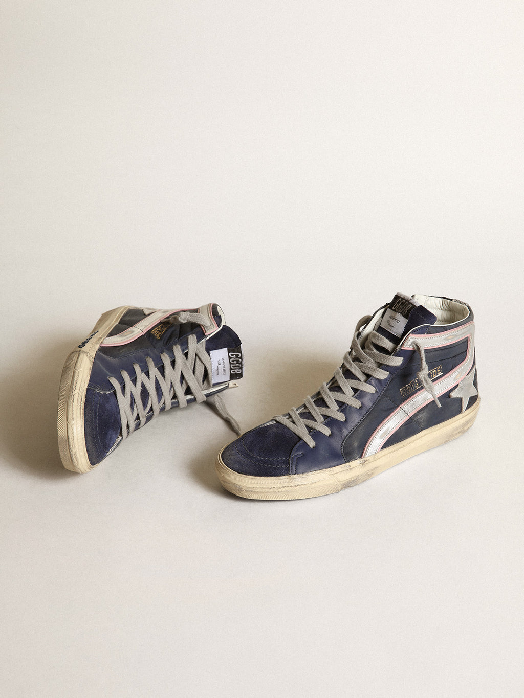 Slide LTD sneakers in blue nylon with silver metallic leather star and flash| Golden Goose