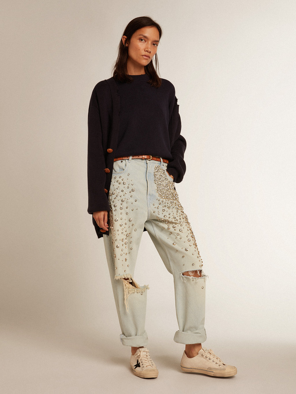 Women's cardigan in distressed dark blue cotton| Golden Goose