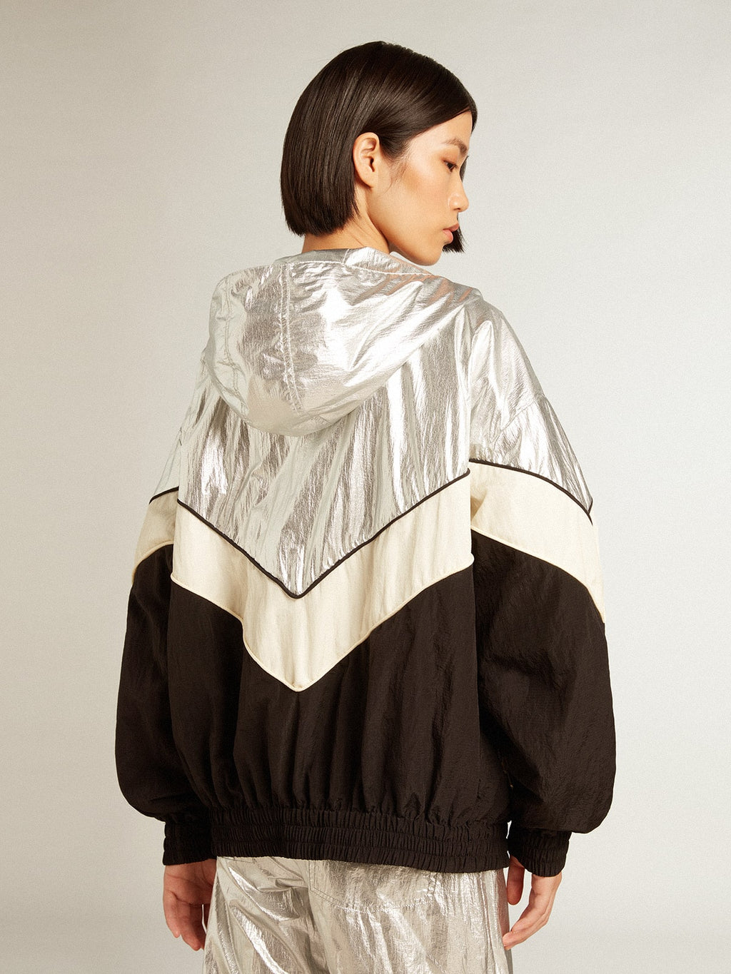 Women's windcheater in silver and black technical fabric| Golden Goose