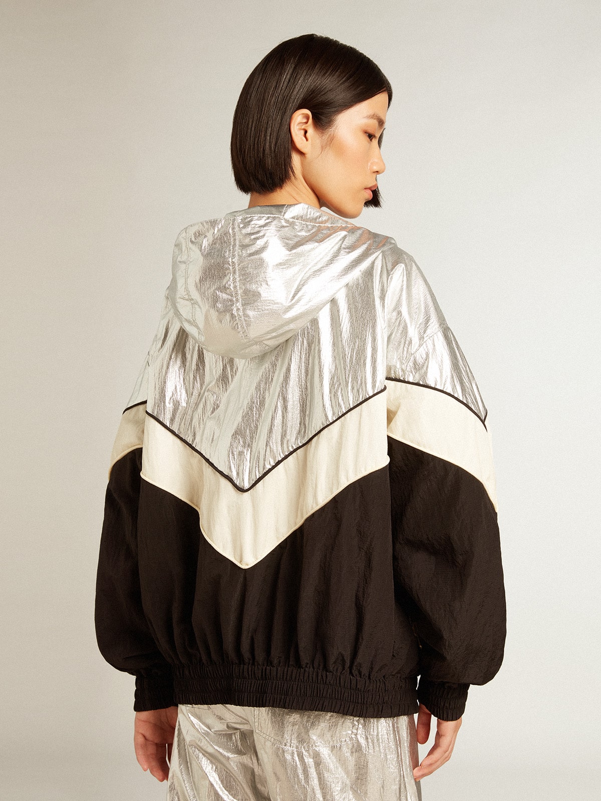 Women's windcheater in silver and black technical fabric| Golden Goose