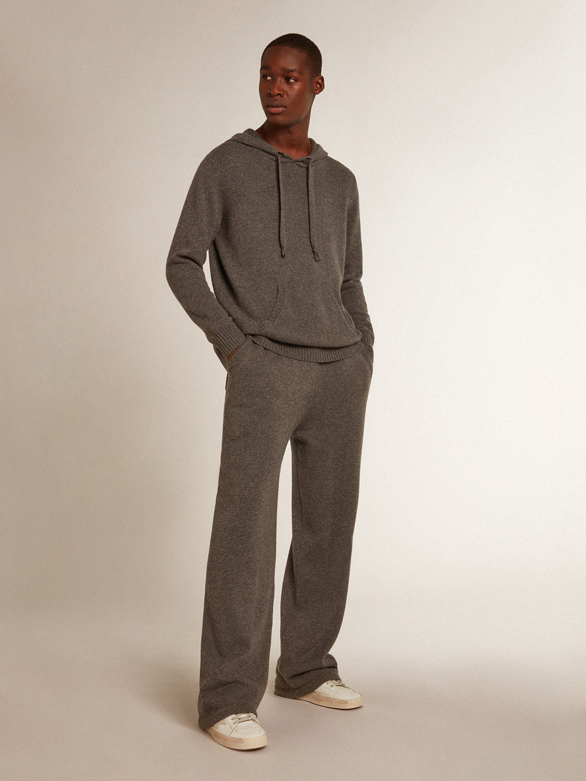 Men's gray melange cashmere blend sweatshirt with hood| Golden Goose