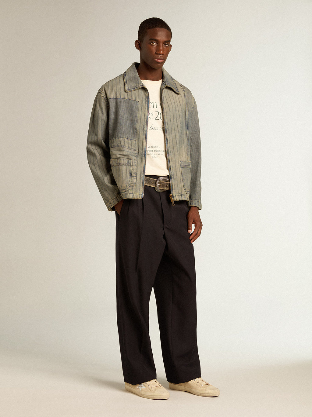 Men's denim jacket with stripes and patches on the front| Golden Goose