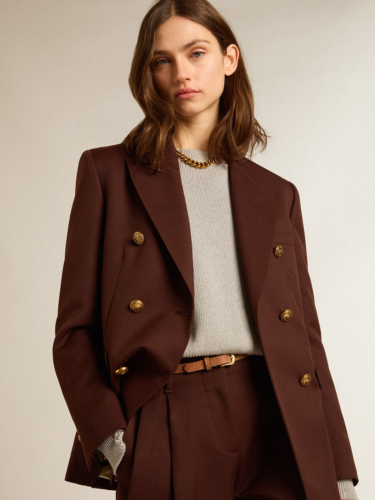 Women's double-breasted blazer in coffee-colored wool gabardine| Golden Goose