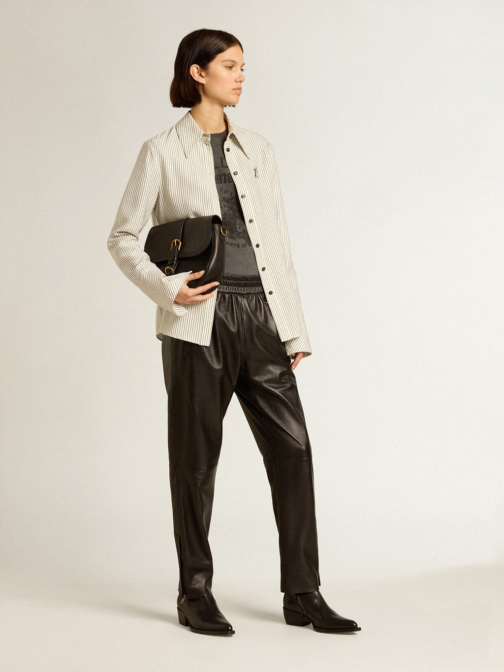 Women's white viscose shirt with narrow black stripes| Golden Goose