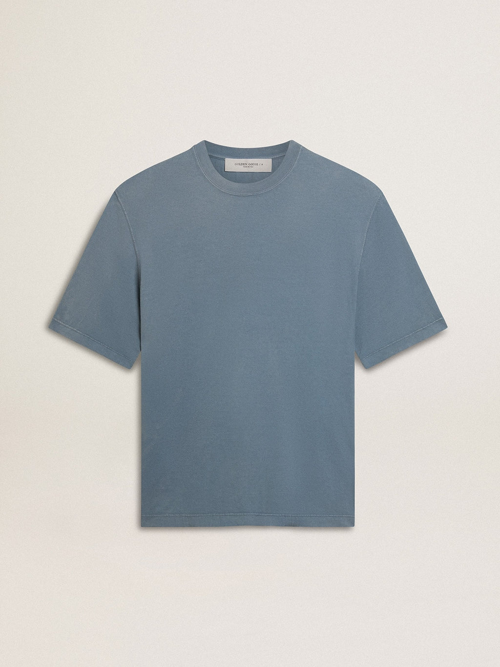 Unisex cotton T-shirt in baby blue with reverse print on the back| Golden Goose