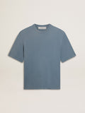 Unisex cotton T-shirt in baby blue with reverse print on the back| Golden Goose
