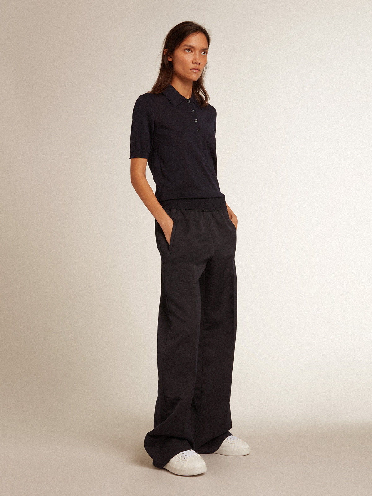 Women's polo shirt in navy-blue merino wool| Golden Goose