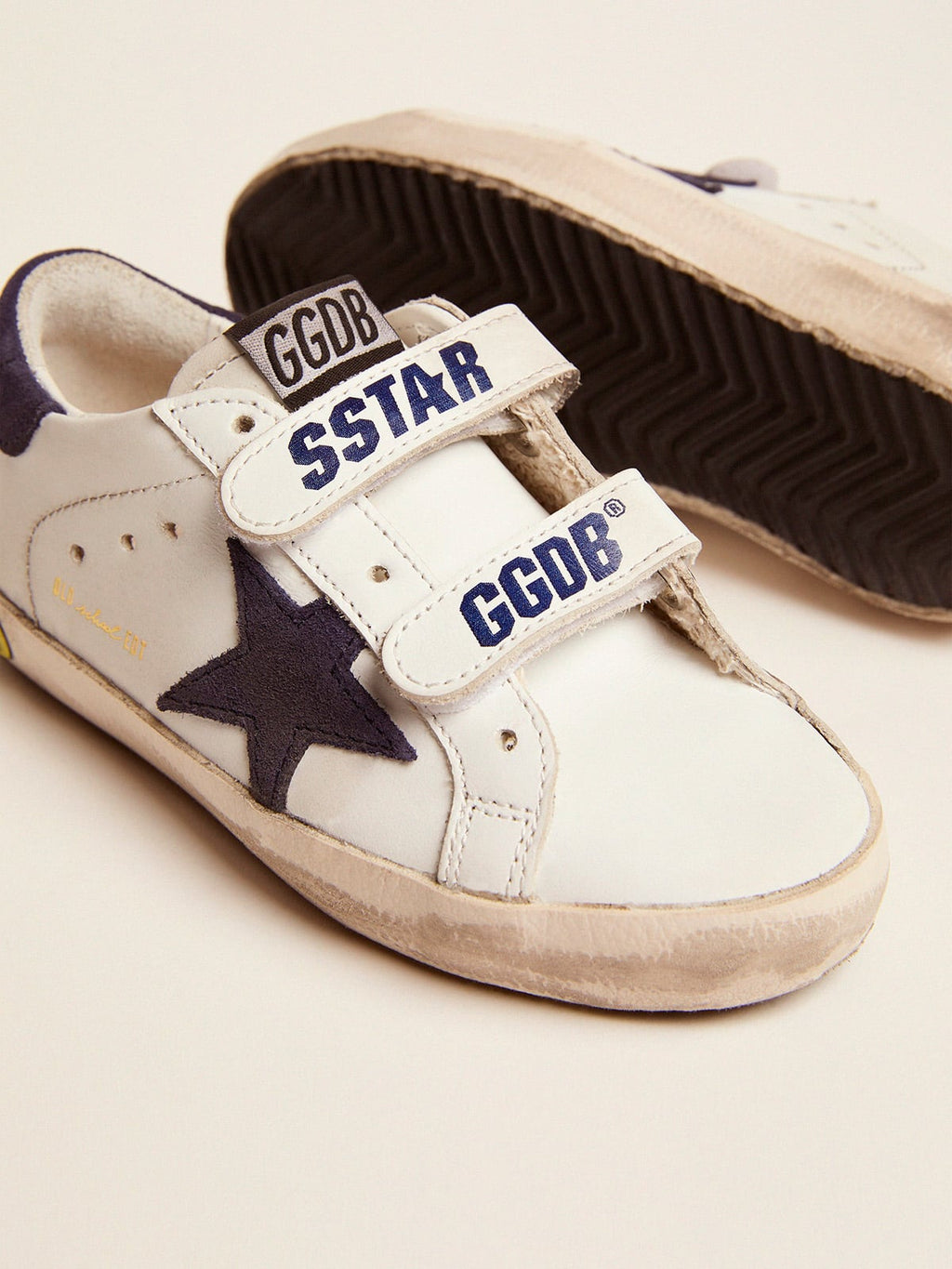 Old School Young in white leather with blue suede star and heel tab| Golden Goose