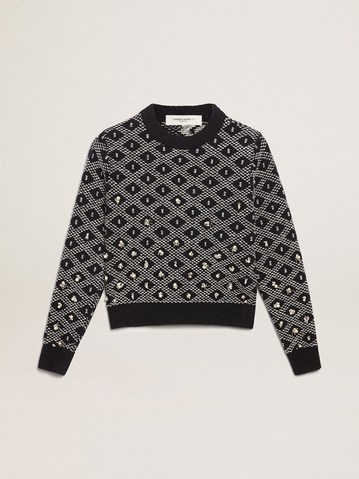 Women's round-neck sweater with white and blue geometric motifs| Golden Goose