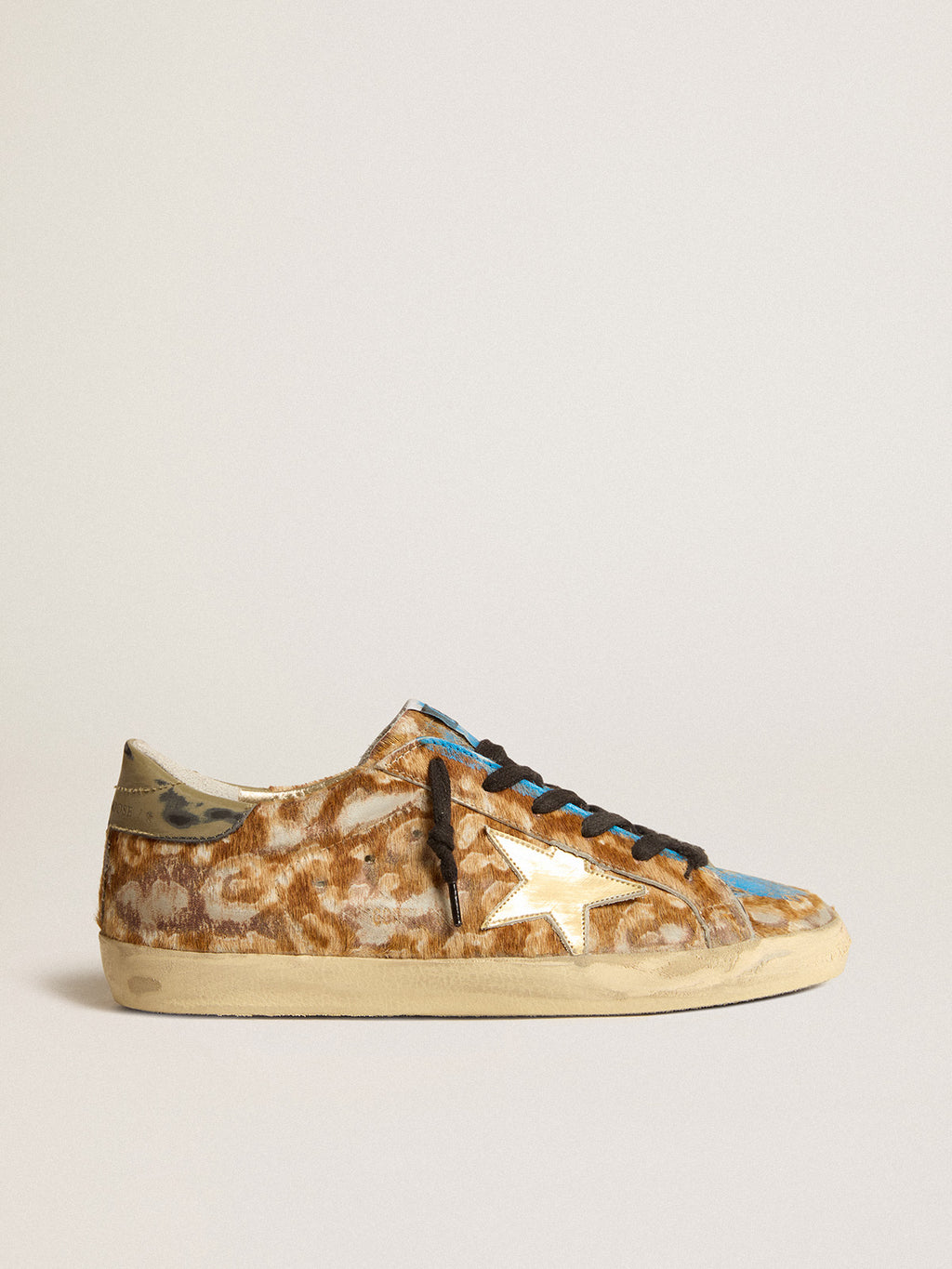 Women's Super-Star LAB in leopard pony skin with gold star and gray heel tab| Golden Goose