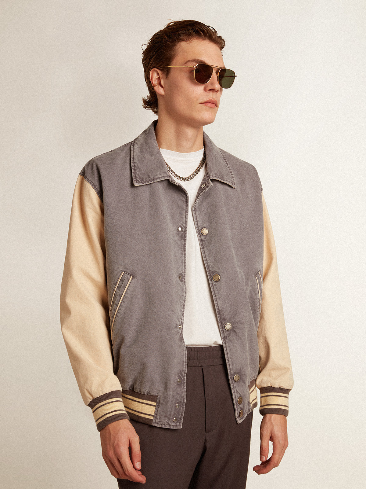 Bomber jacket in lilac-gray and marzipan-colored cotton| Golden Goose