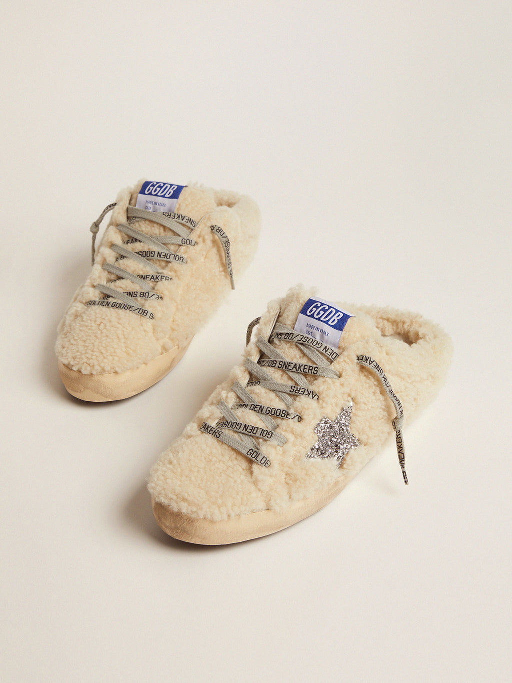 Women's Super-Star Sabot in white shearling and glitter star| Golden Goose