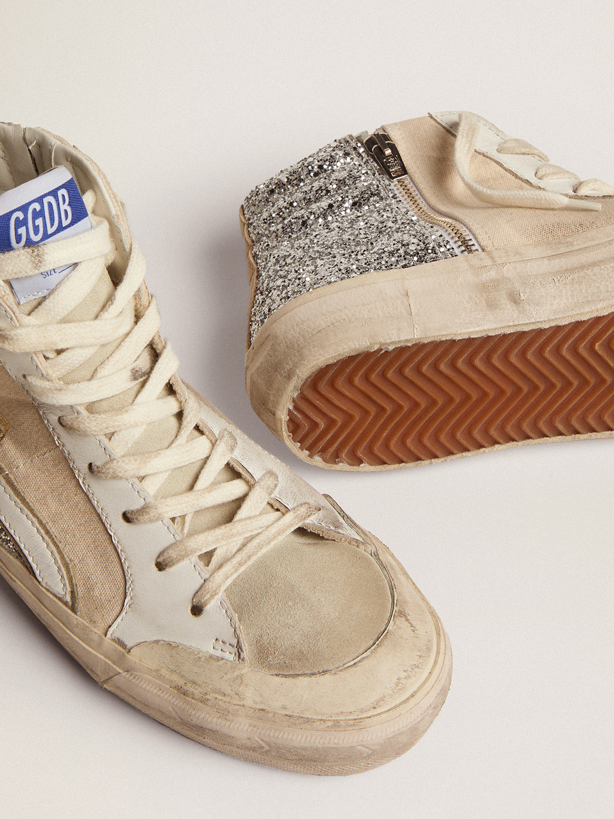 Women's Slide Penstar in cream-colored canvas and silver glitter| Golden Goose