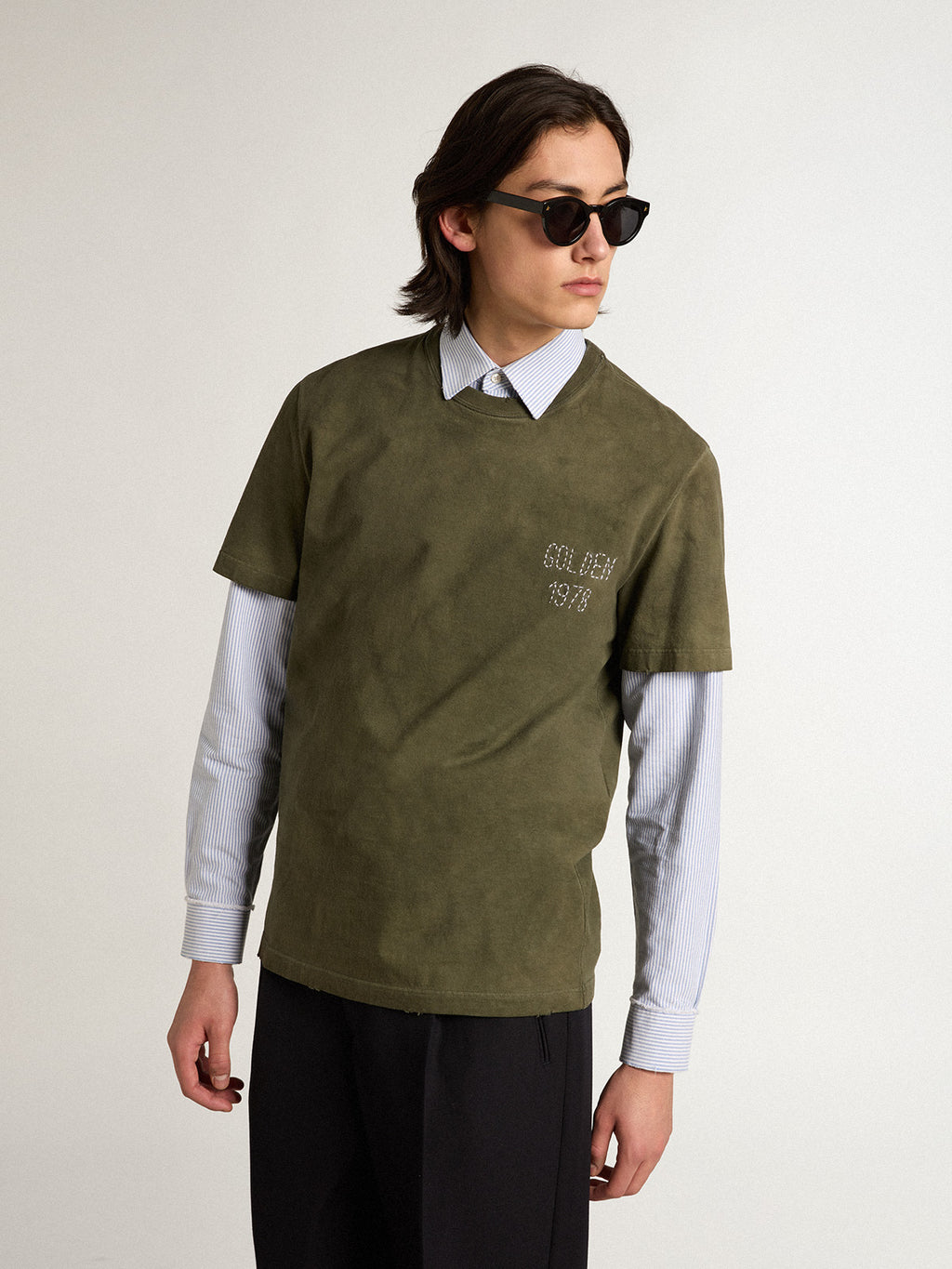 Beech-colored cotton T-shirt with embroidery on the front| Golden Goose