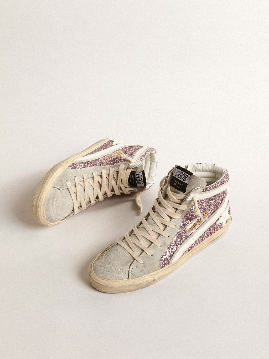 Slide in lilac glitter with white leather star and flash| Golden Goose