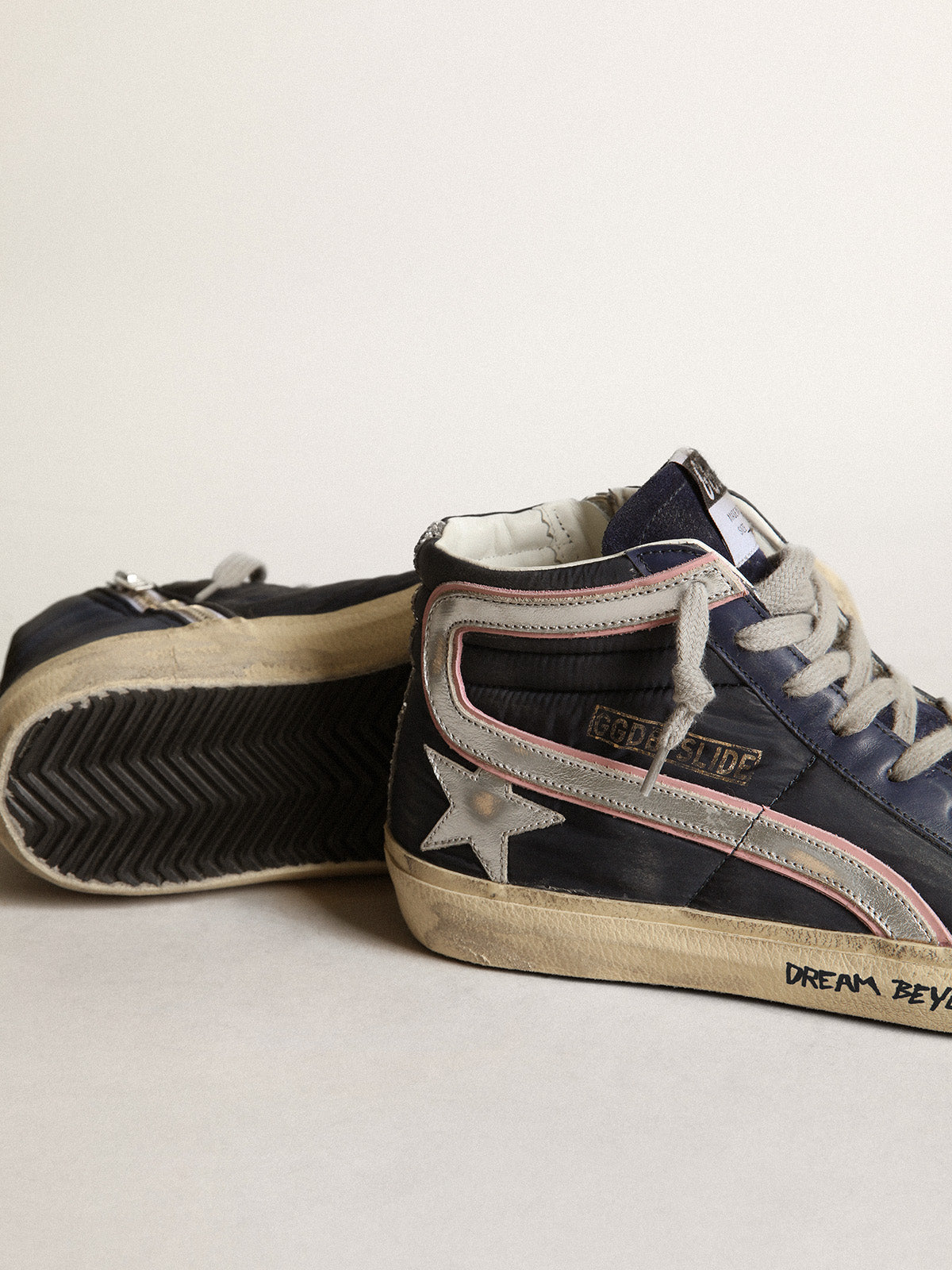 Slide LTD sneakers in blue nylon with silver metallic leather star and flash| Golden Goose