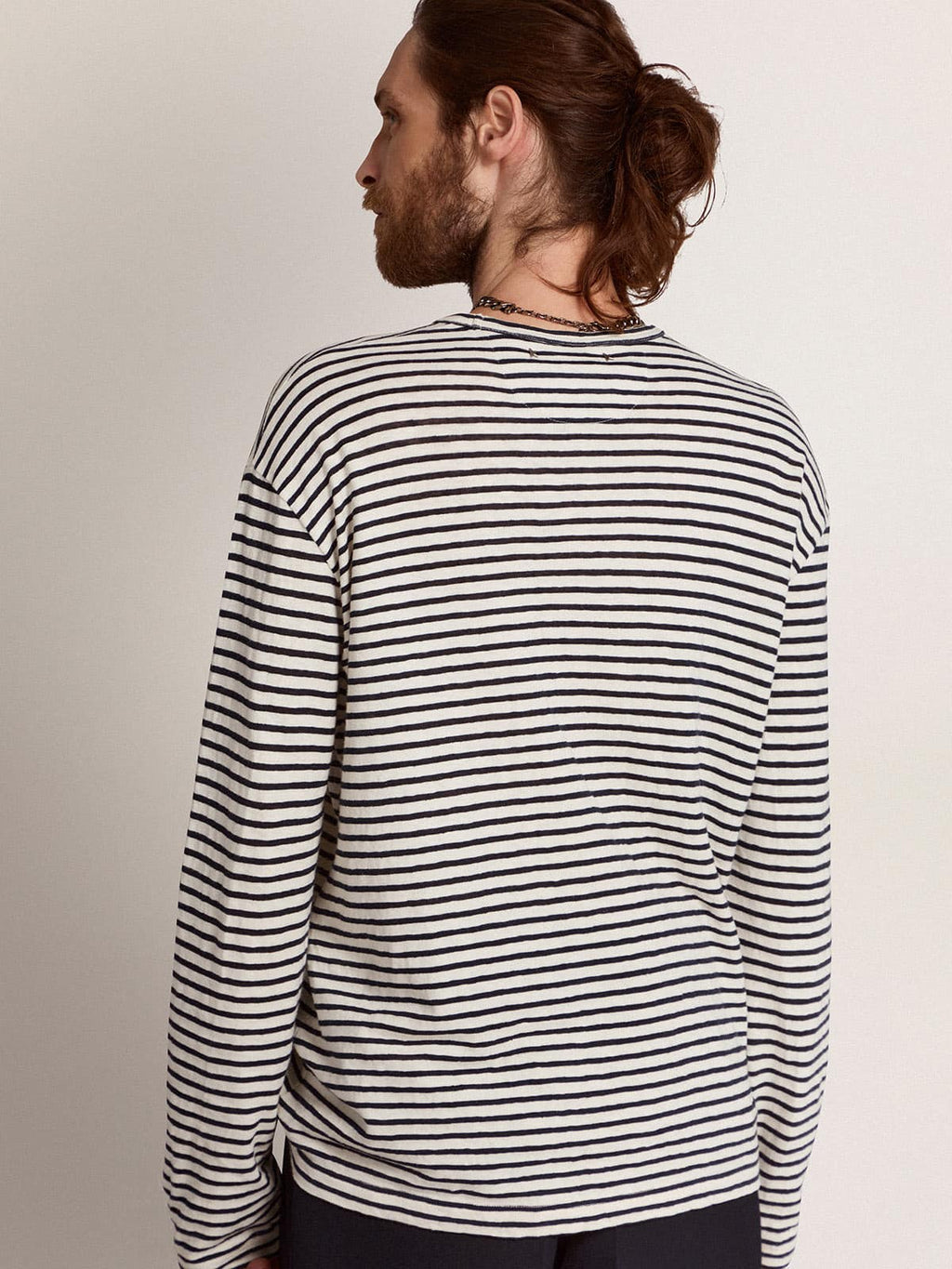 Men's T-shirt with white and blue stripes and embroidery on the front| Golden Goose