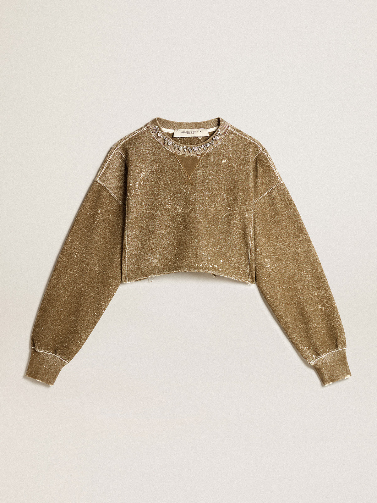 Vintage-effect beech-colored cotton cropped sweatshirt| Golden Goose
