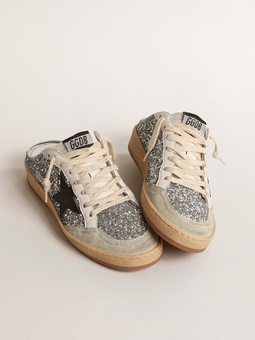 Ball Star Sabots in silver glitter with black leather star| Golden Goose