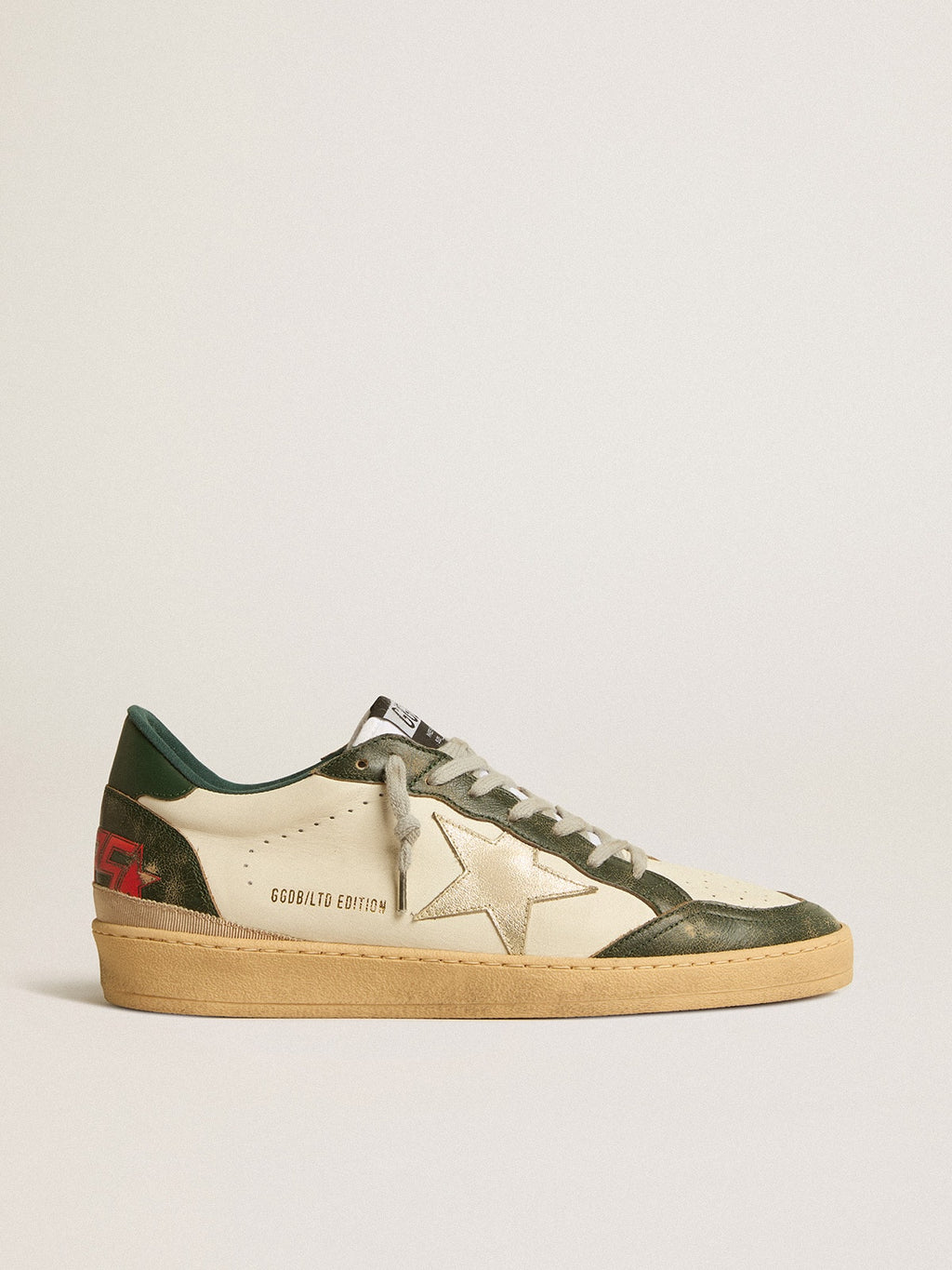 Ball Star LTD with platinum leather star and green leather heel tab| Golden Goose