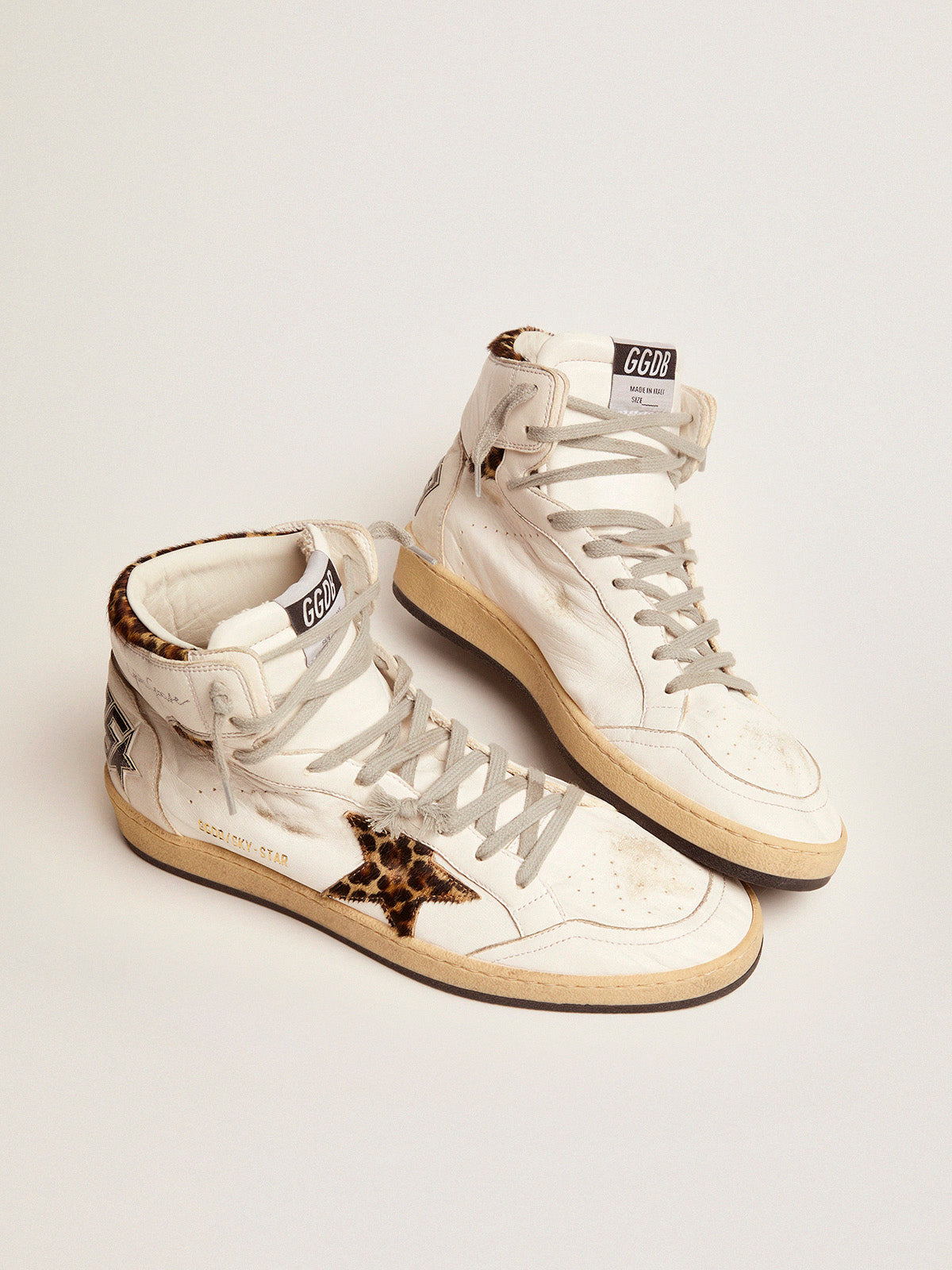 Sky-Star sneakers with signature on the ankle and leopard-print pony skin inserts| Golden Goose