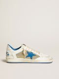 Men's Ball Star LAB in white leather with light blue leather star and white heel tab| Golden Goose