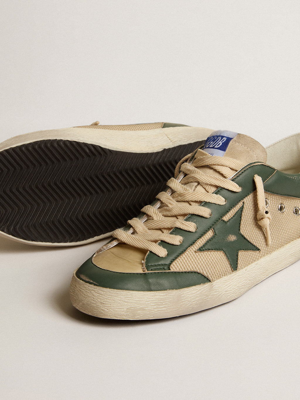 Super-Star LTD in cream mesh and green nappa with nappa star| Golden Goose