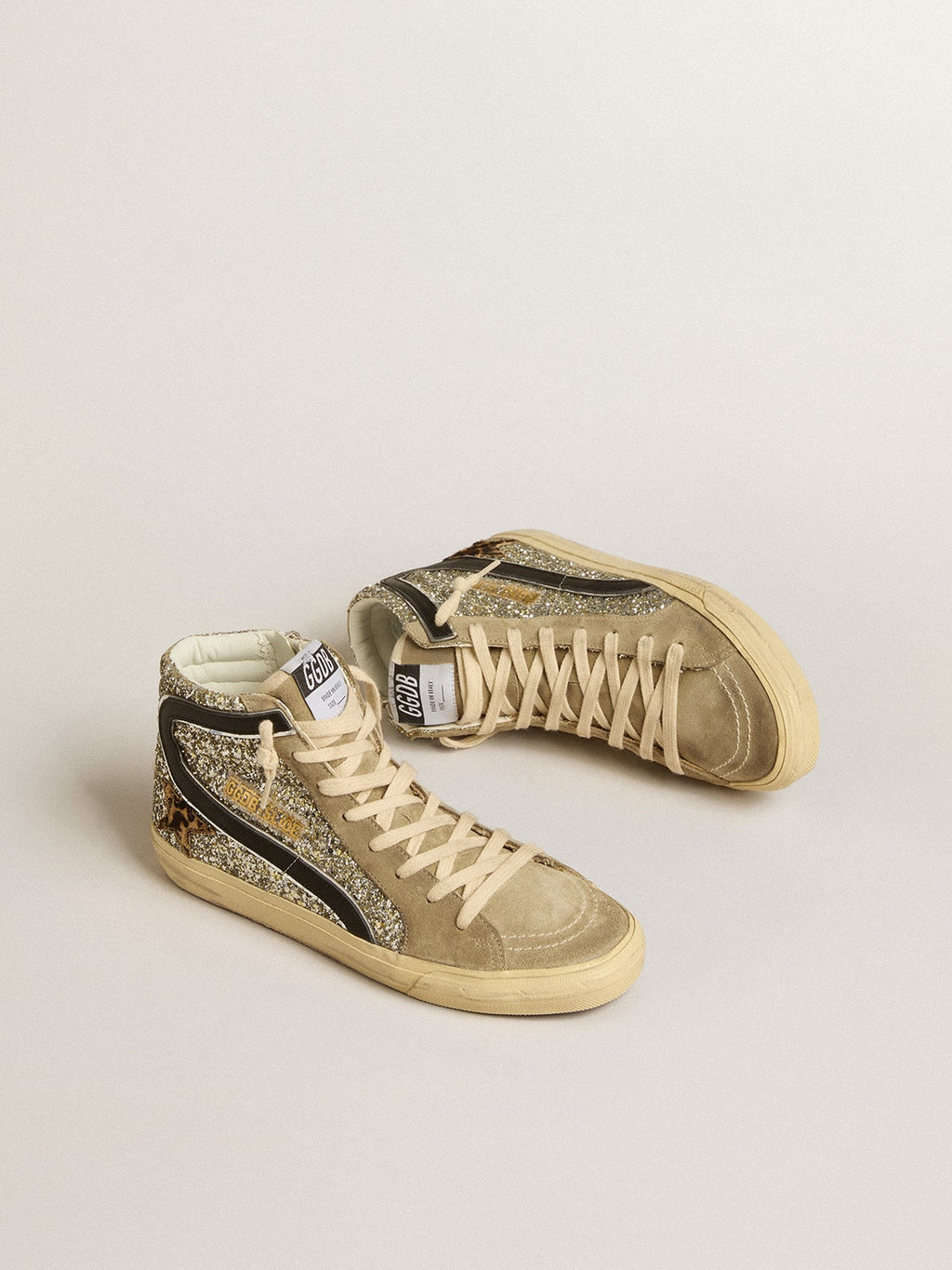 Slide in platinum glitter with leopard-print pony skin star and black flash| Golden Goose