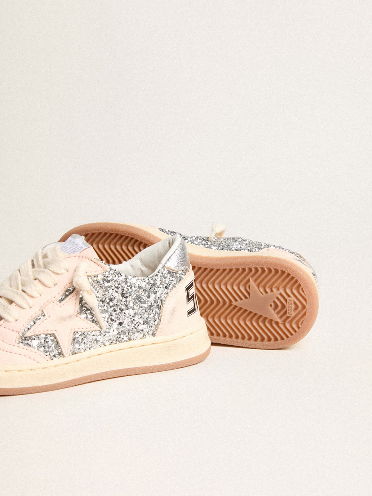 Junior Ball Star in glitter with silver metallic leather heel tab| Golden Goose