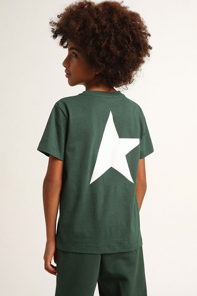 Boys' green T-shirt with contrasting white logo and star| Golden Goose