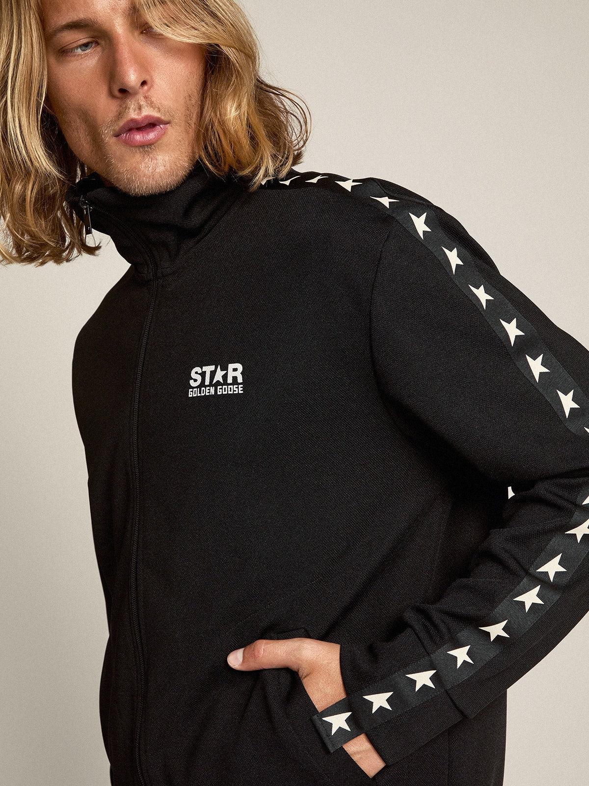 Men's black zipped sweatshirt with white stars| Golden Goose