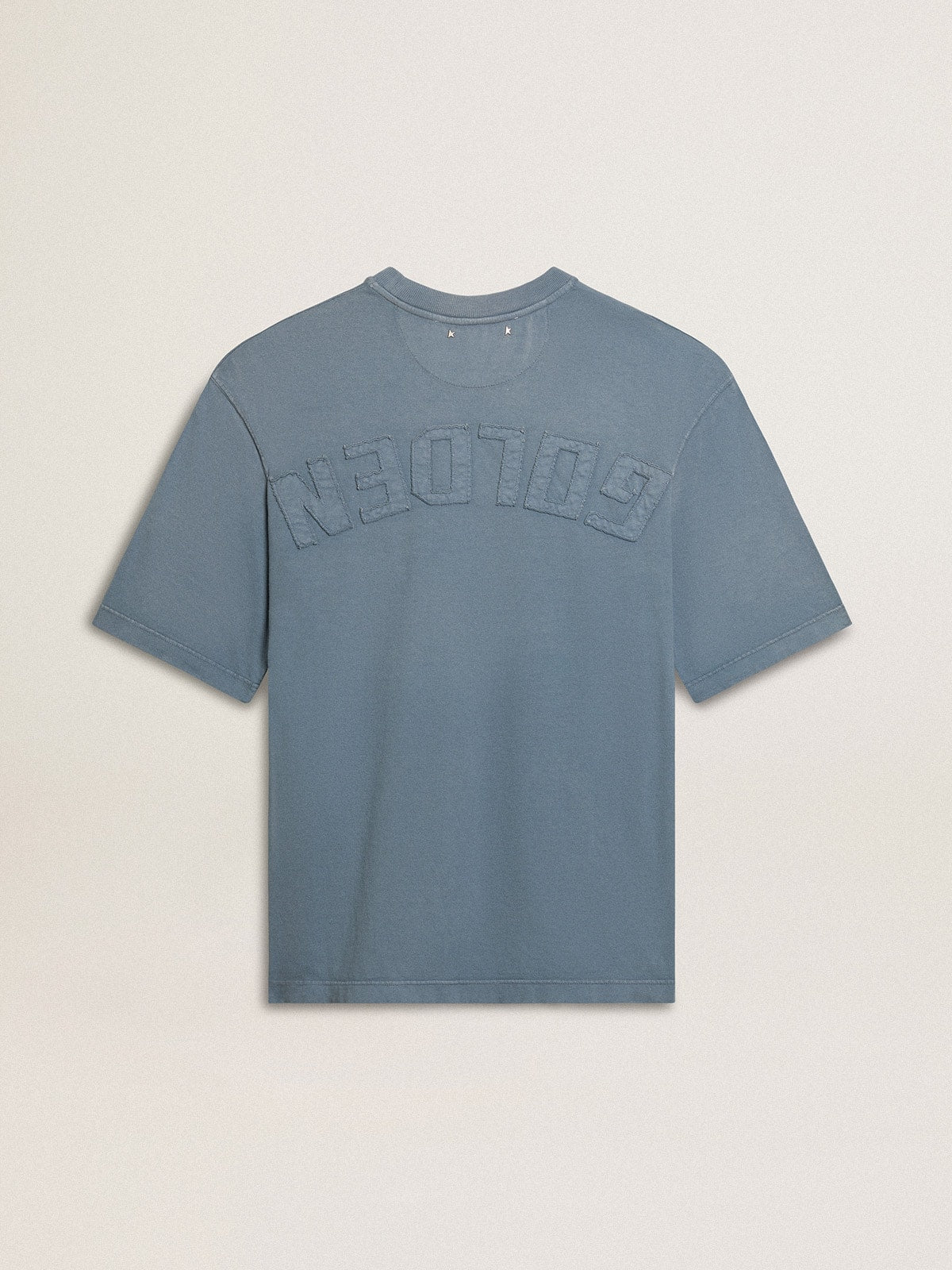 Unisex cotton T-shirt in baby blue with reverse print on the back| Golden Goose