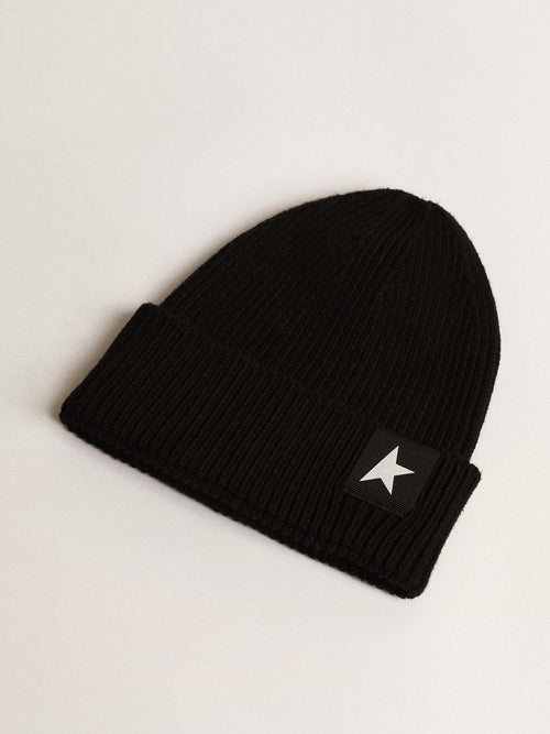 Black cotton beanie with contrasting white star| Golden Goose