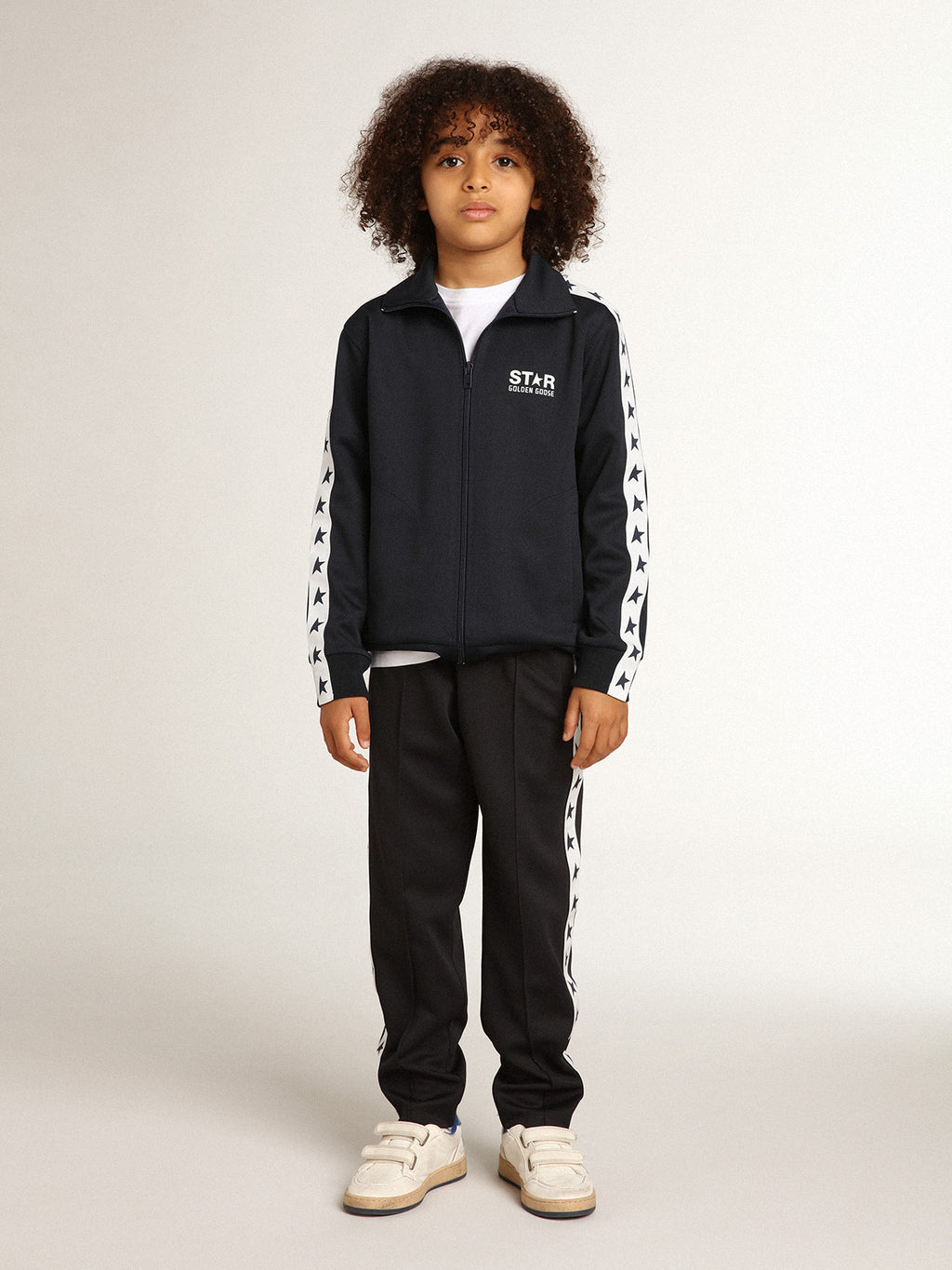 Dark blue zipped sweatshirt with white strip and contrasting stars| Golden Goose