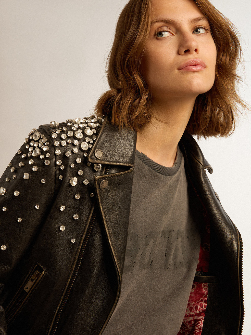 Women's leather biker jacket with crystals| Golden Goose