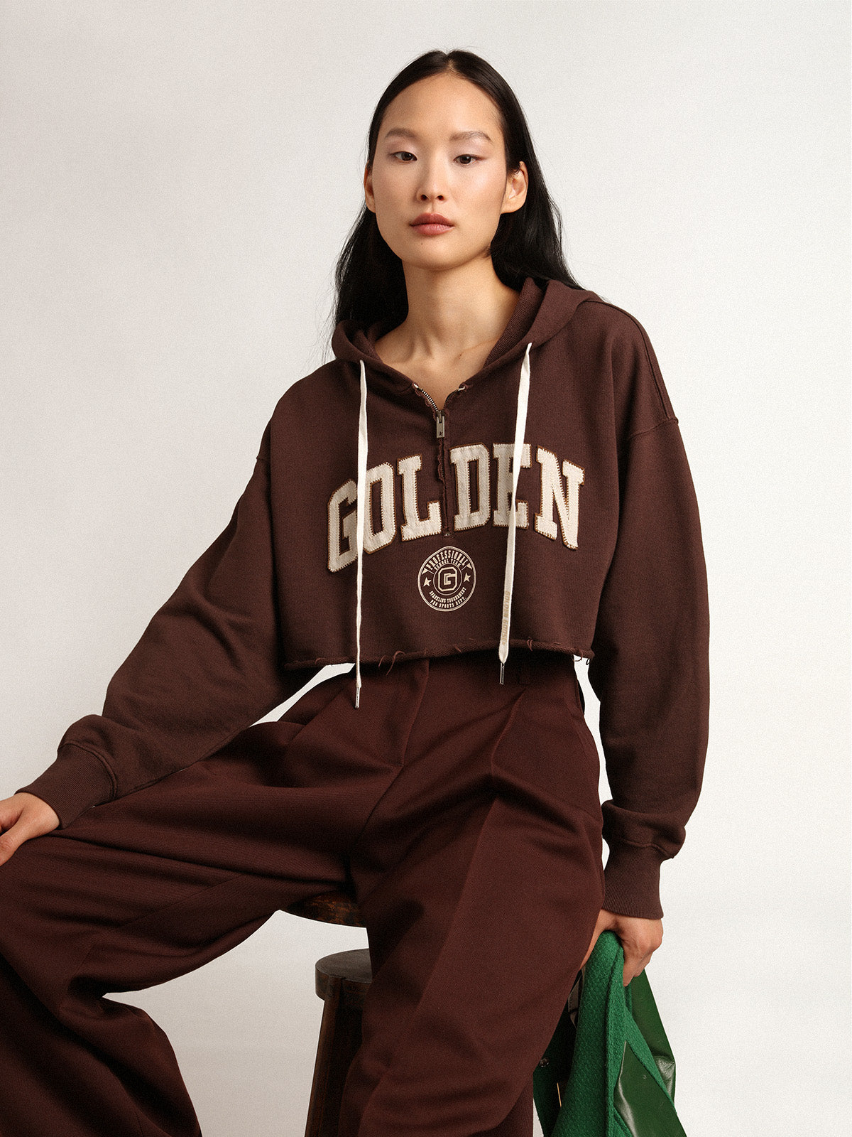 Walnut-brown Journey Collection hooded cropped sweatshirt with contrasting white Golden lettering| Golden Goose