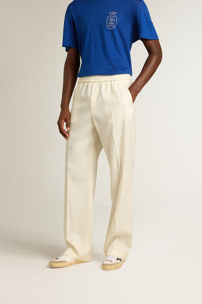Men's aged white wool gabardine joggers| Golden Goose