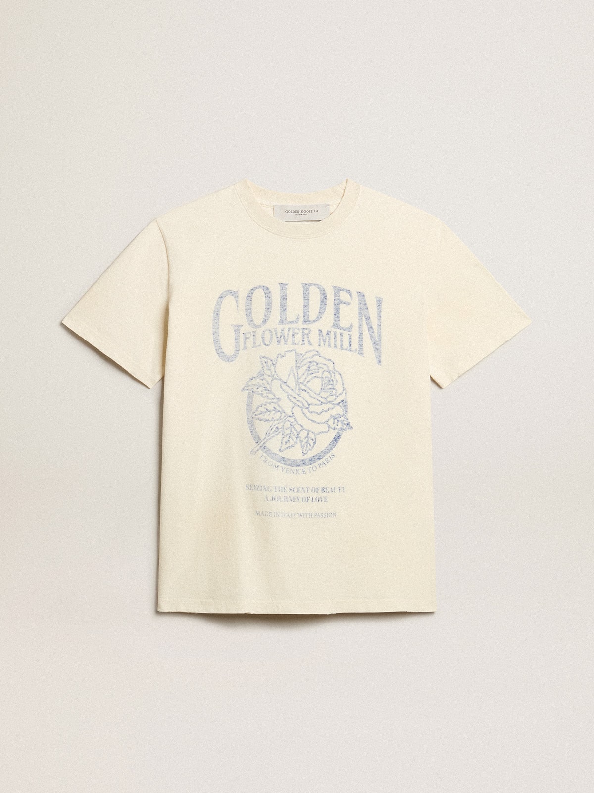 Women's T-shirt in aged white cotton with seasonal print| Golden Goose
