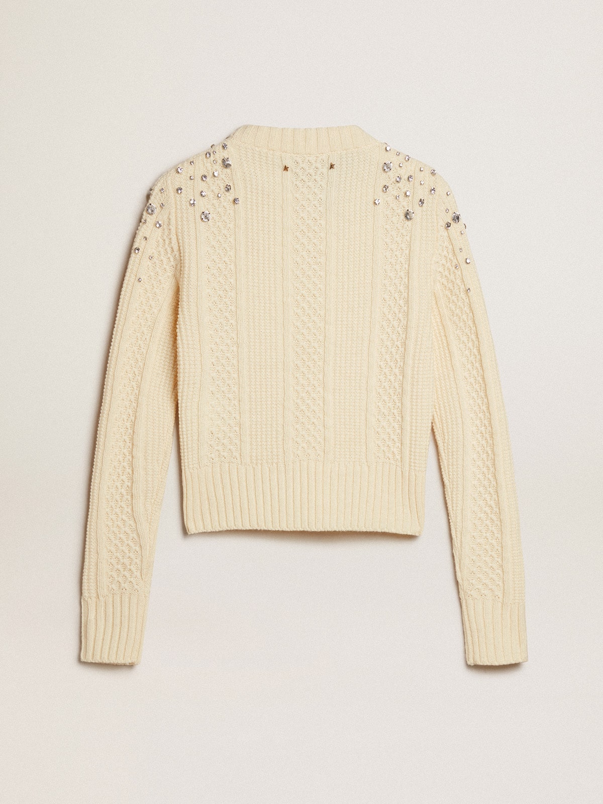 Women's cropped worn-white sweater with decorative crystals| Golden Goose