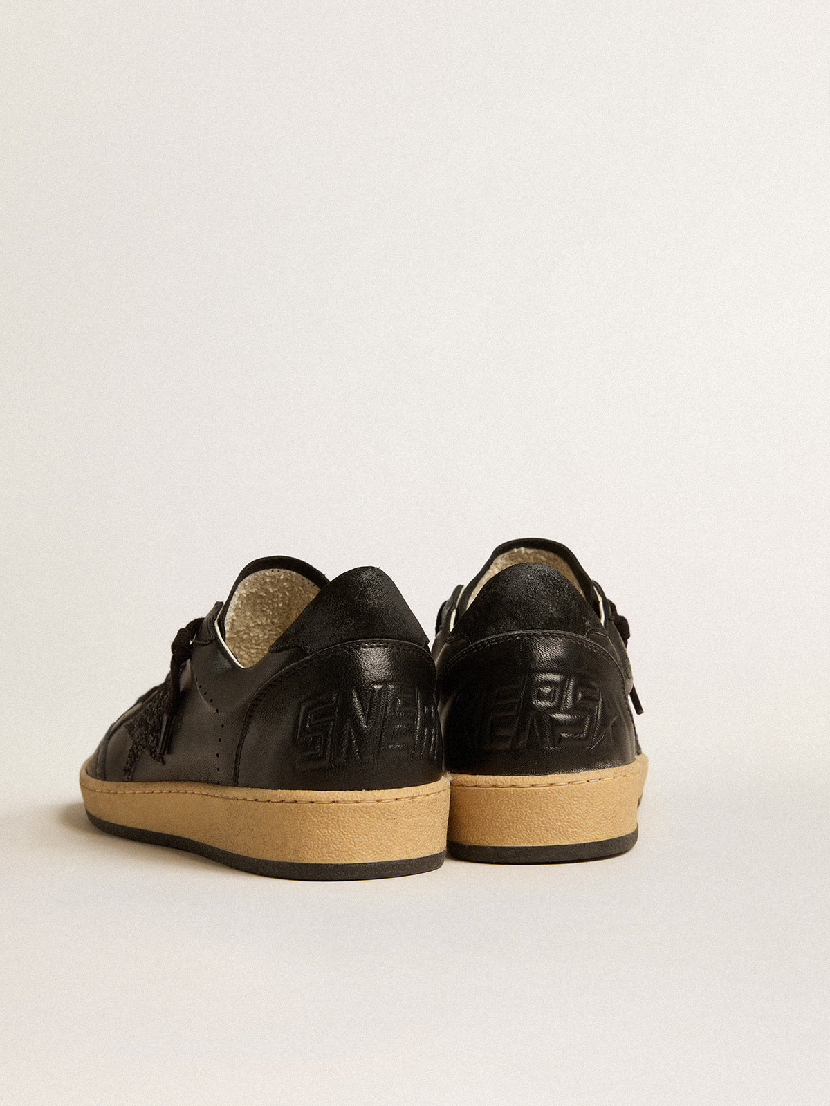 Ball Star in black nappa leather with black glitter star and suede heel tab| Golden Goose