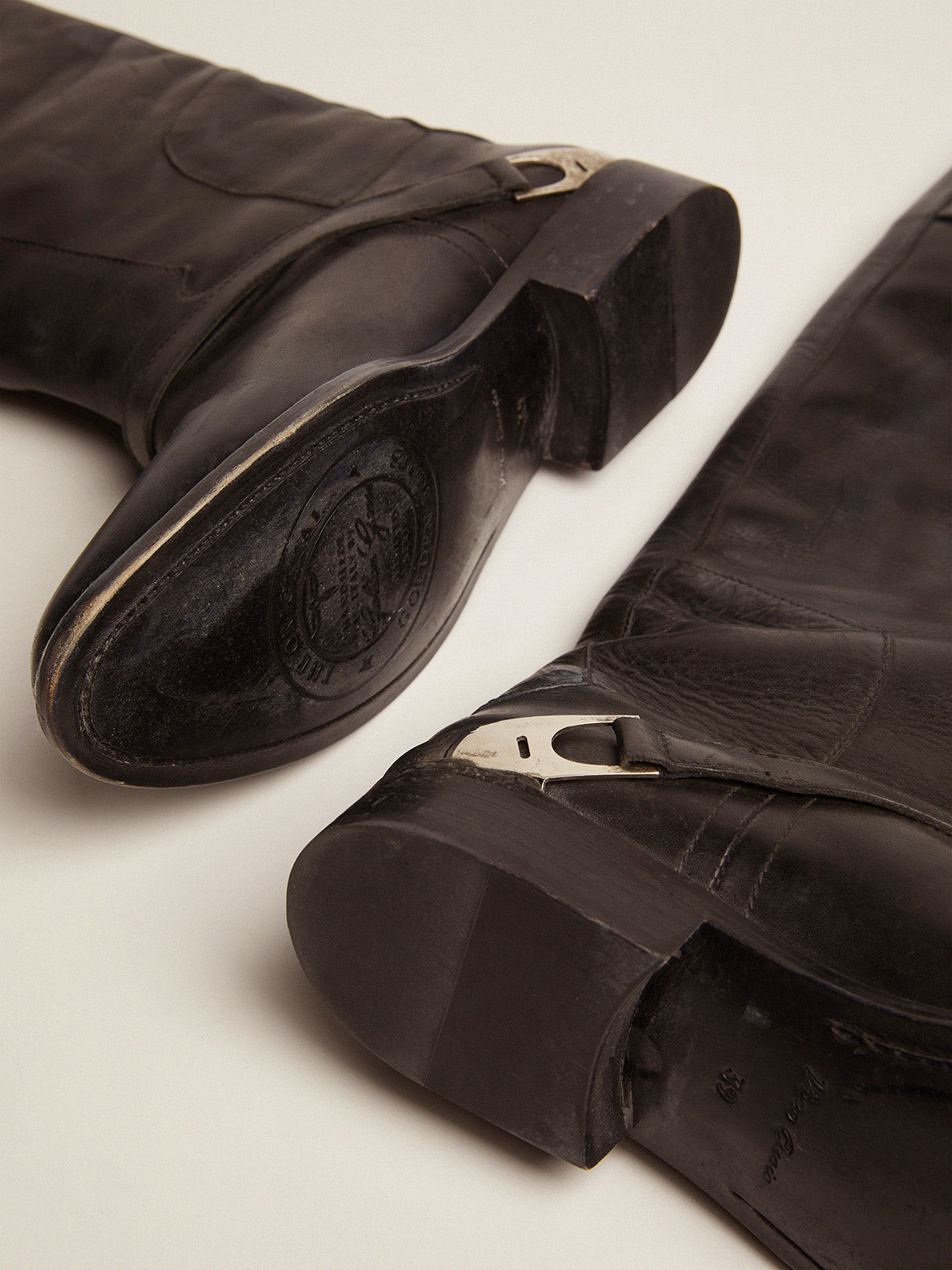 Women's black leather boots with clamp on the heel| Golden Goose