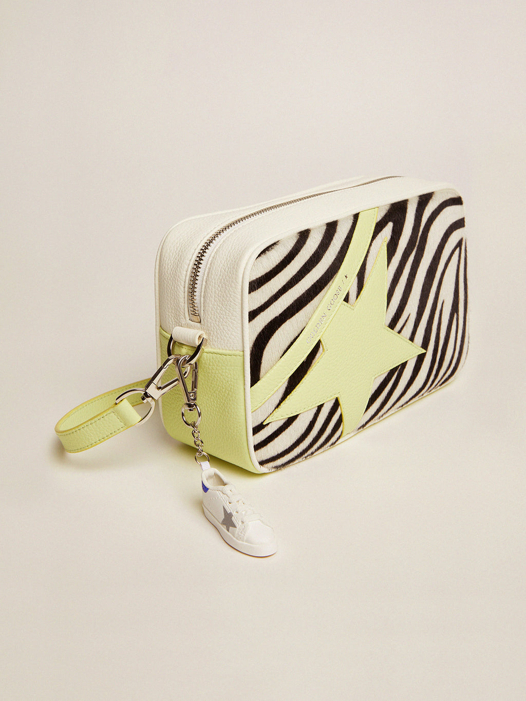 Star Bag in white and lime hammered leather with zebra-print pony skin insert and lime-colored leather star| Golden Goose
