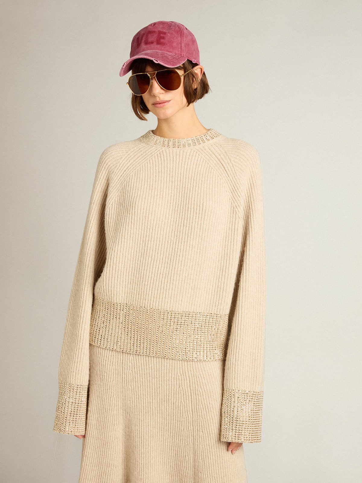 Women's boxy sweater in wool with hotfix crystal decoration| Golden Goose